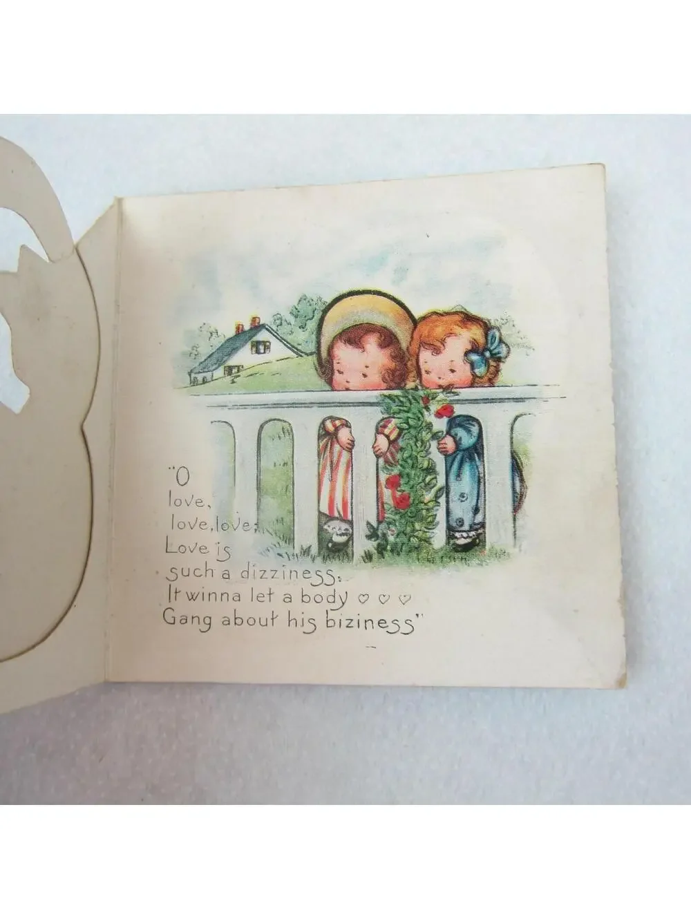 Vintage Valentine Card Foldout Stand Up Postman Boy & Girls at Fence 1920-30s